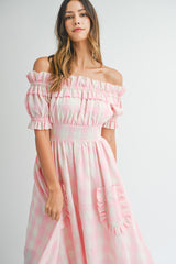 MAFALDA OFF SHOULDER RUFFLE MIDI DRESS