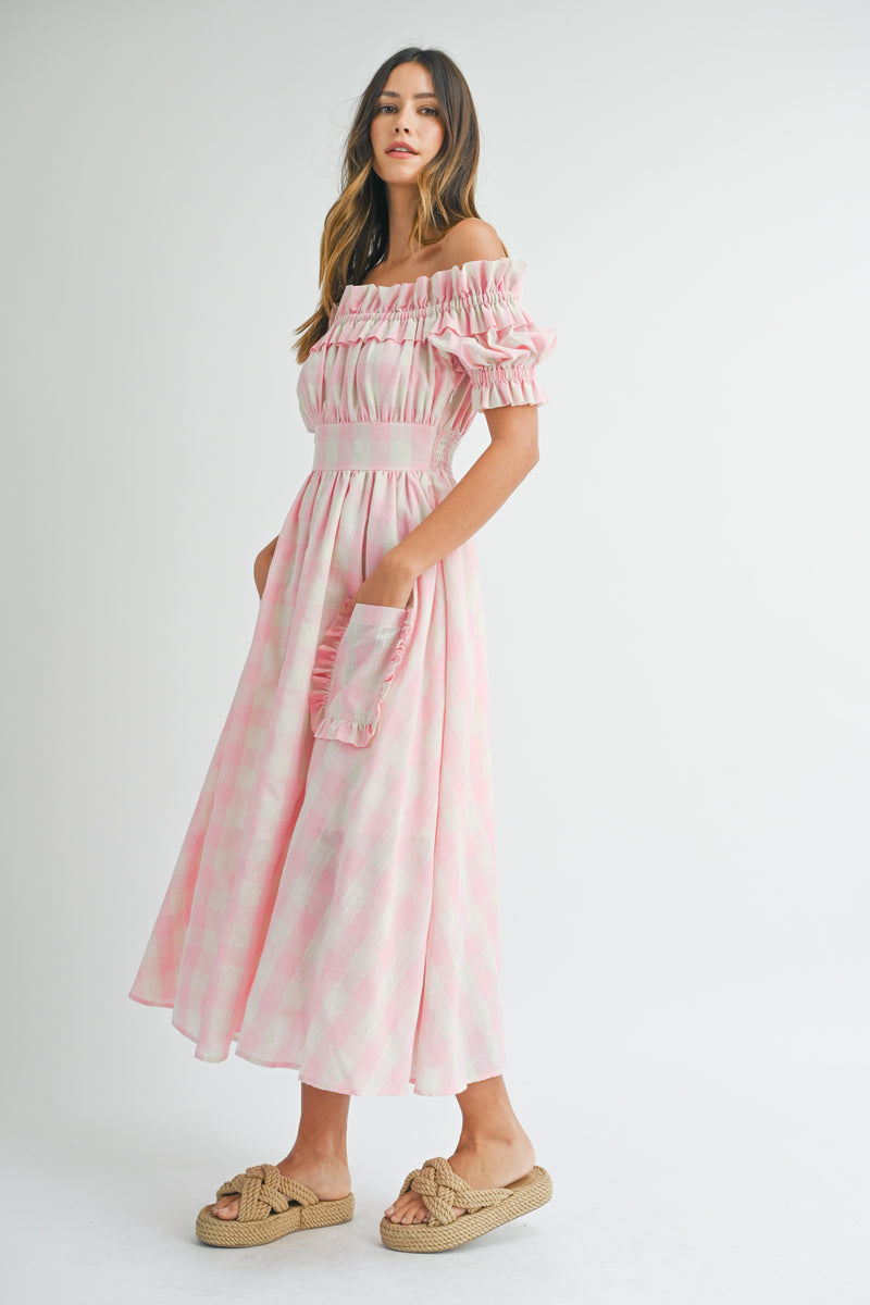 MAFALDA OFF SHOULDER RUFFLE MIDI DRESS