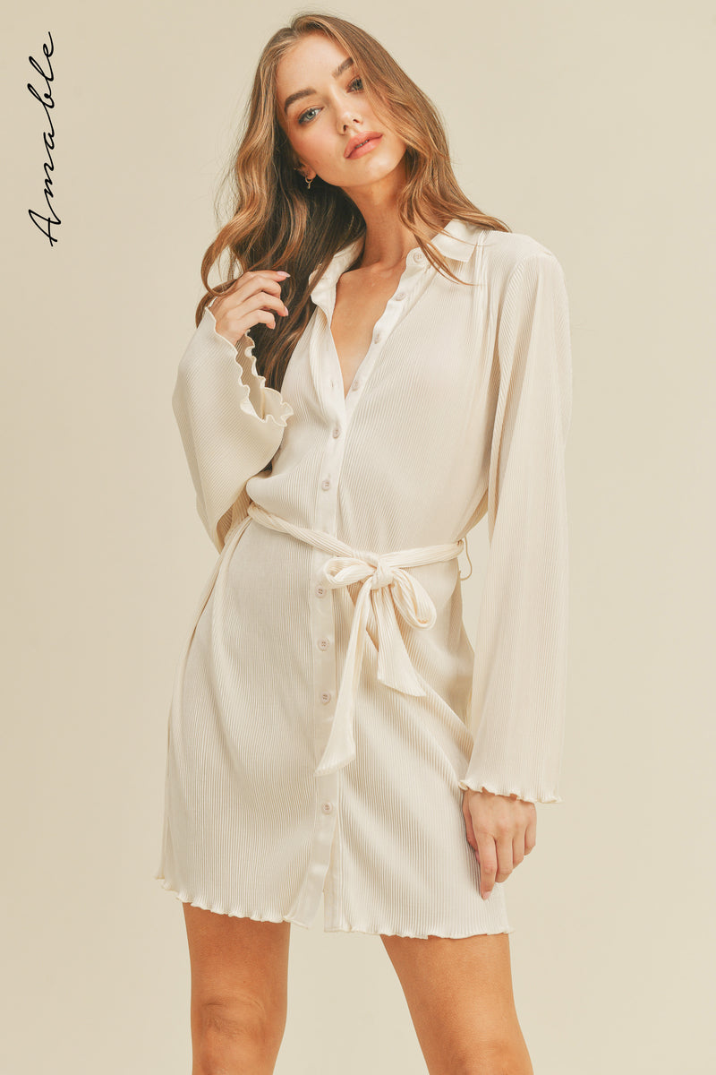 ZOSIA PLEATED BELTED SHIRT MINI DRESS