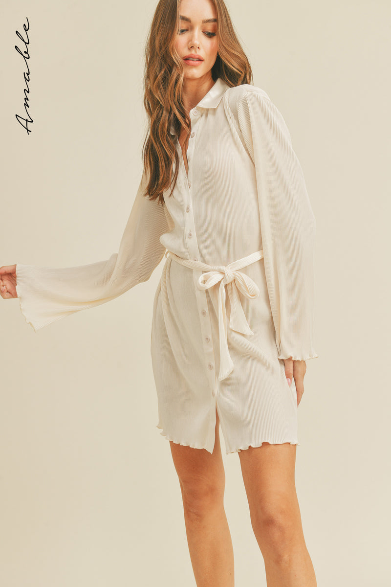 ZOSIA PLEATED BELTED SHIRT MINI DRESS