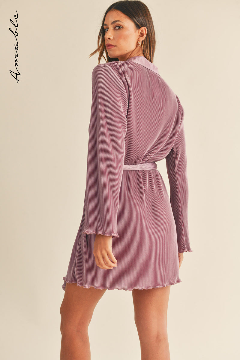 ZOSIA PLEATED BELTED SHIRT MINI DRESS