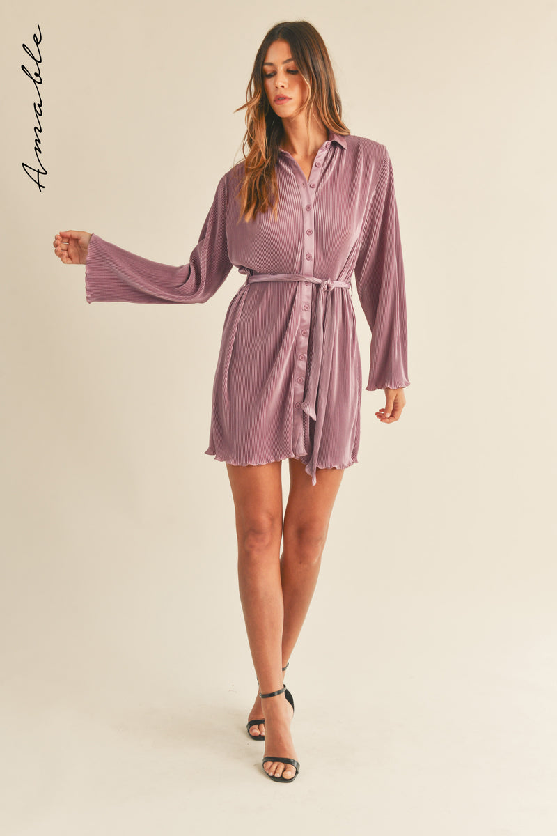 ZOSIA PLEATED BELTED SHIRT MINI DRESS