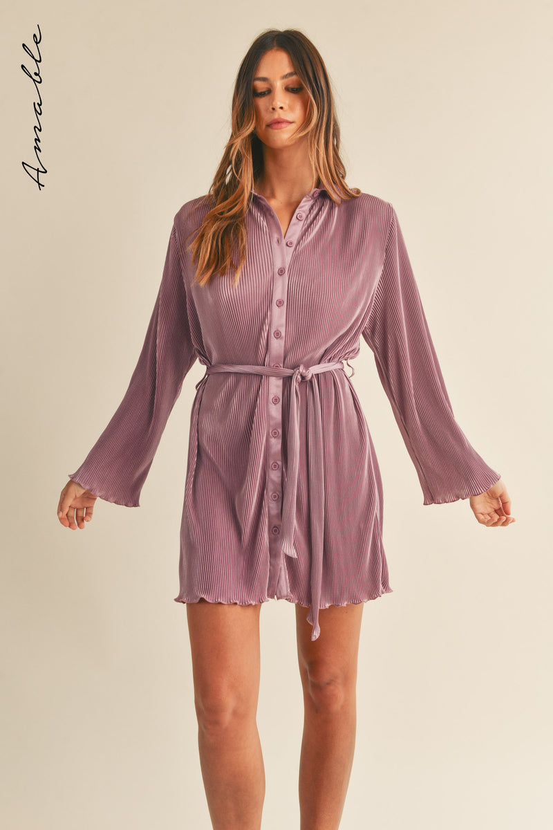 ZOSIA PLEATED BELTED SHIRT MINI DRESS