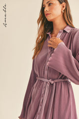 ZOSIA PLEATED BELTED SHIRT MINI DRESS