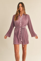 ZOSIA PLEATED BELTED SHIRT MINI DRESS