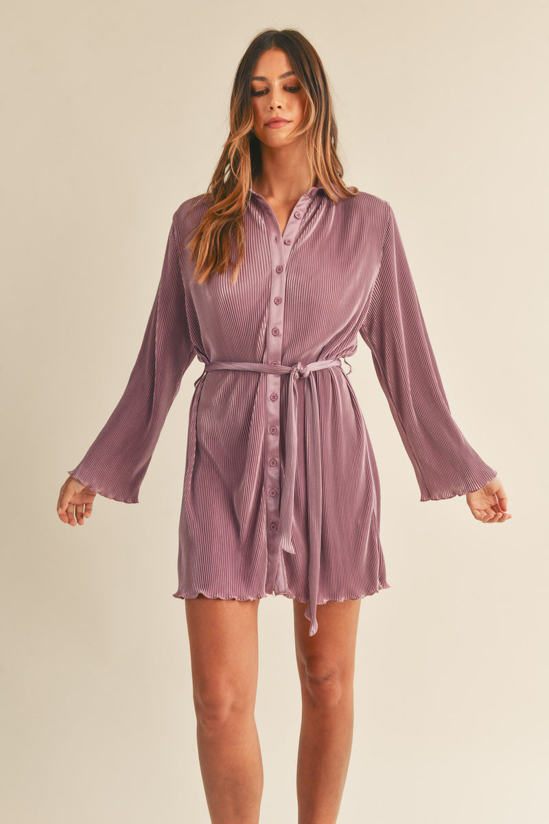 ZOSIA PLEATED BELTED SHIRT MINI DRESS