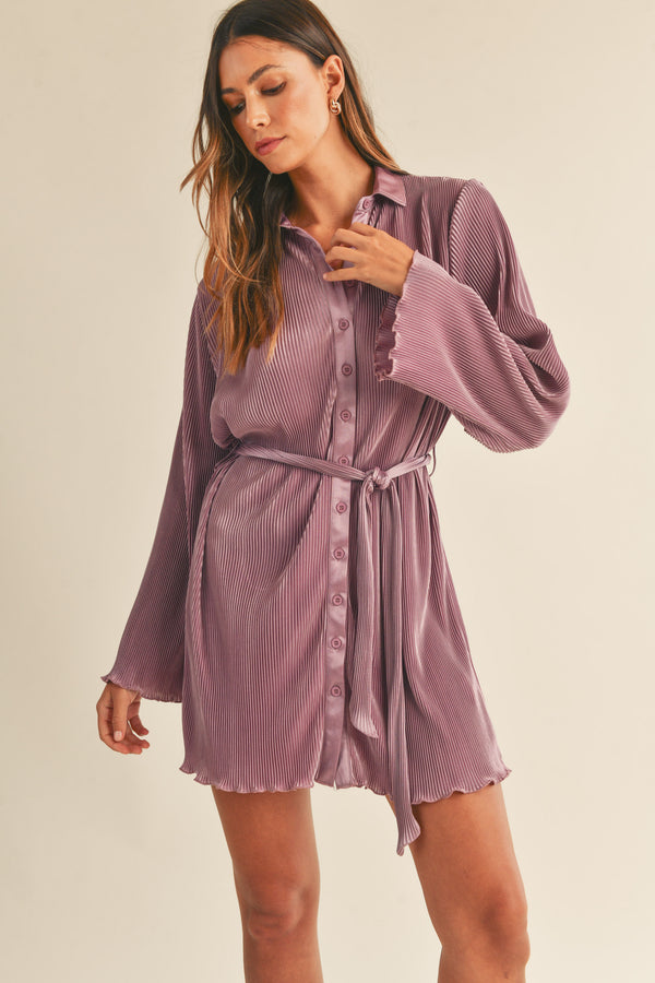 ZOSIA PLEATED BELTED SHIRT MINI DRESS