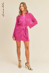 ZOSIA PLEATED BELTED SHIRT MINI DRESS