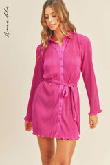 ZOSIA PLEATED BELTED SHIRT MINI DRESS