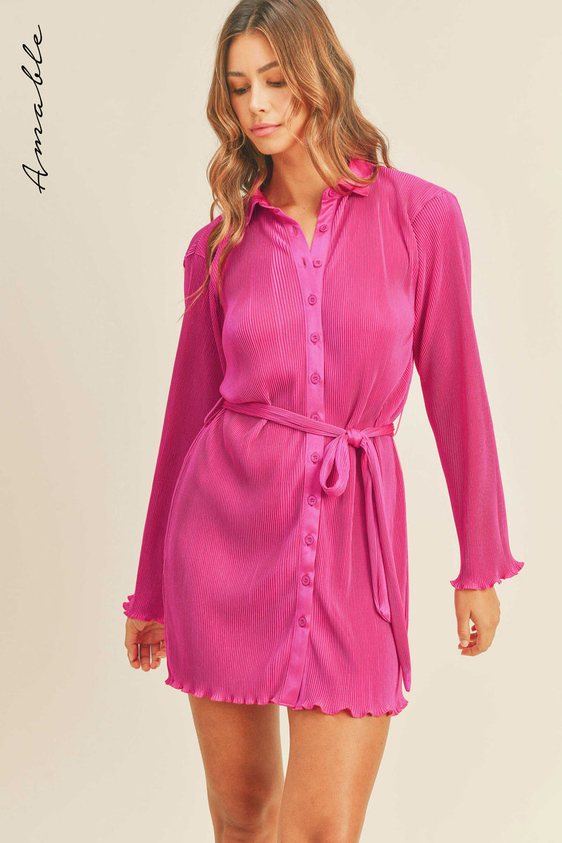 ZOSIA PLEATED BELTED SHIRT MINI DRESS