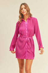 ZOSIA PLEATED BELTED SHIRT MINI DRESS