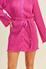 ZOSIA PLEATED BELTED SHIRT MINI DRESS