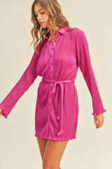 ZOSIA PLEATED BELTED SHIRT MINI DRESS