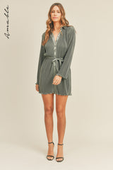 ZOSIA PLEATED BELTED SHIRT MINI DRESS