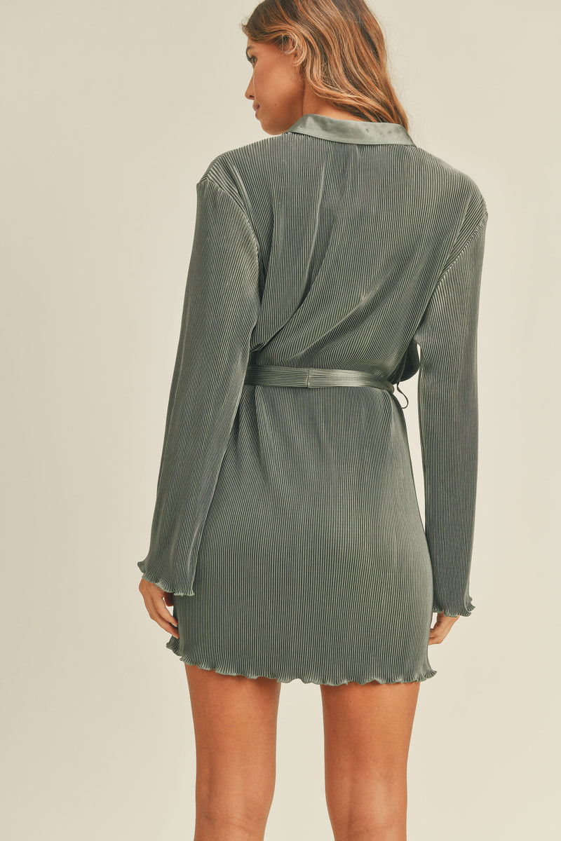 ZOSIA PLEATED BELTED SHIRT MINI DRESS