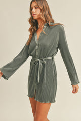 ZOSIA PLEATED BELTED SHIRT MINI DRESS