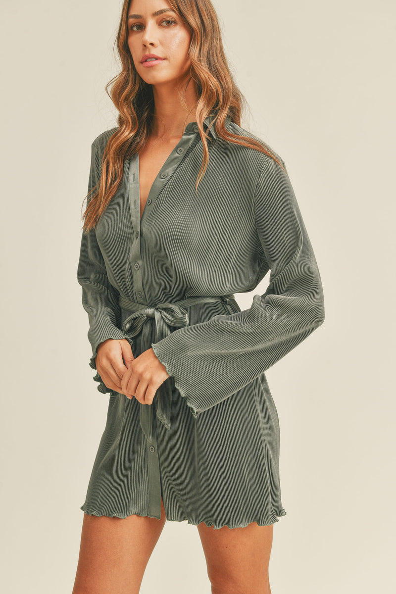 ZOSIA PLEATED BELTED SHIRT MINI DRESS
