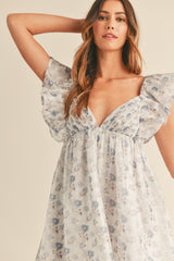 CHENNEDY FLORAL PRINTED SHOULDER RUFFLE MINI DRESS