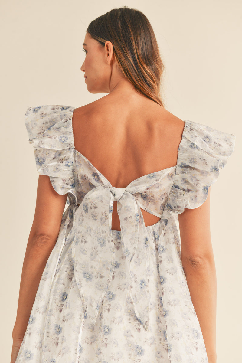 CHENNEDY FLORAL PRINTED SHOULDER RUFFLE MINI DRESS