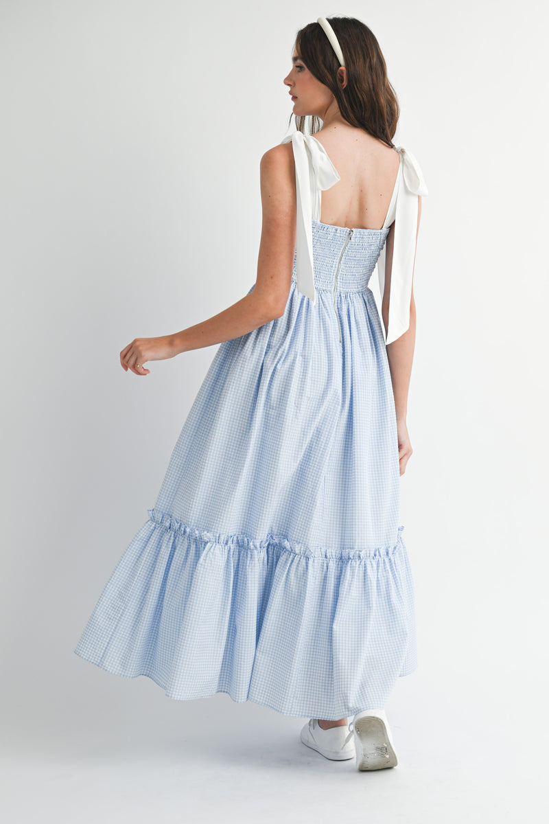 LIV GINGHAM PLAID RUCHED TIERED MIDI DRESS