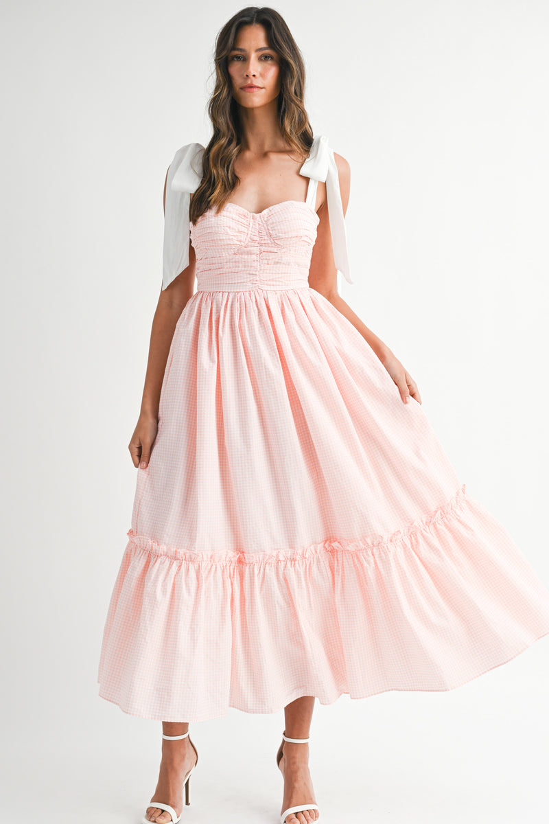 LIV GINGHAM PLAID RUCHED TIERED MIDI DRESS