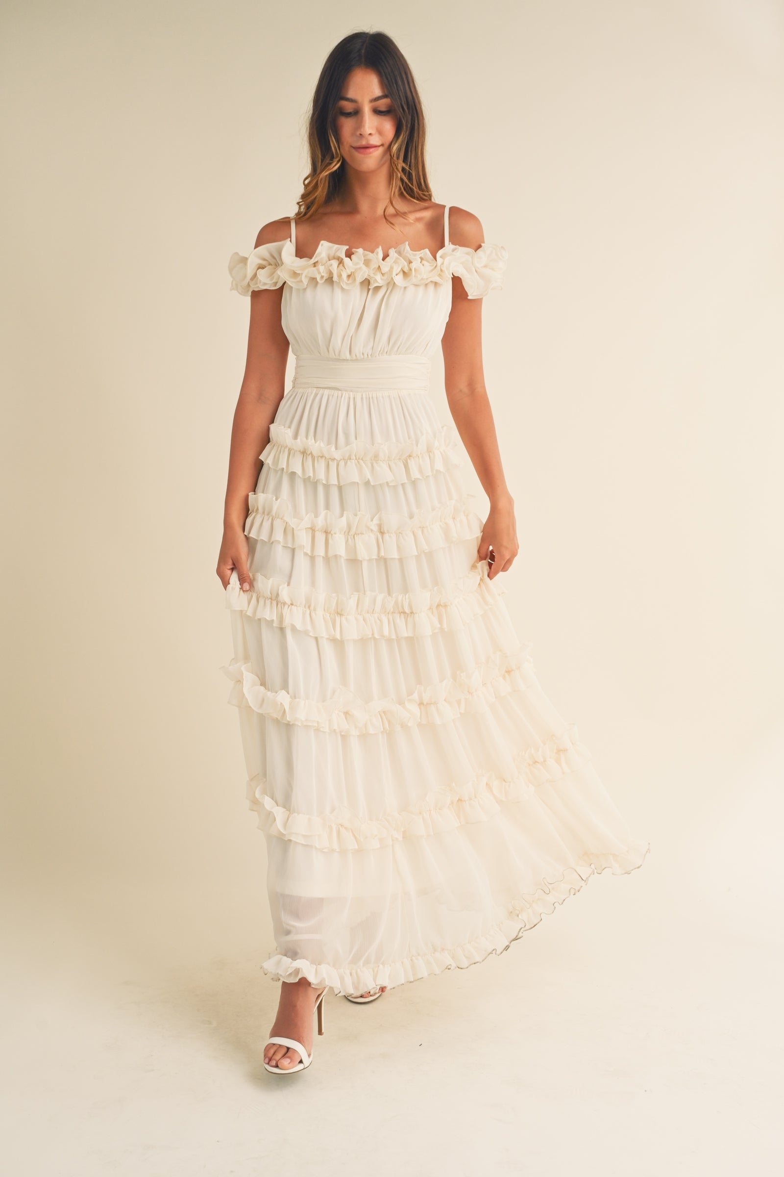 ruffle tiered maxi dress off shoulder ALLEGRA TIERED RUFFLE OFF SHOULDER MAXI DRESS – Mable Clothing