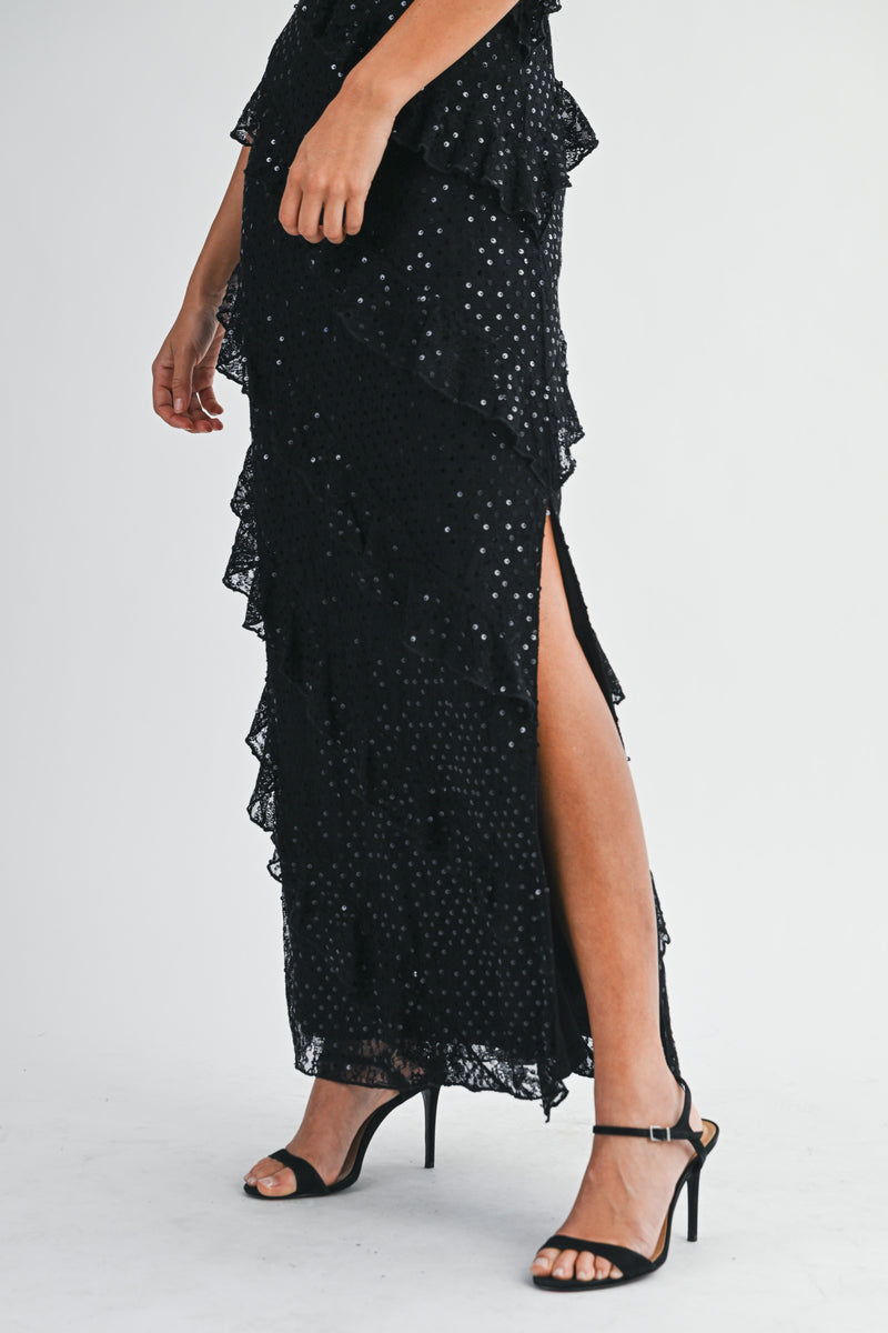 EMMY SEQUIN LACE ASYMMETRIC RUFFLE MAXI DRESS