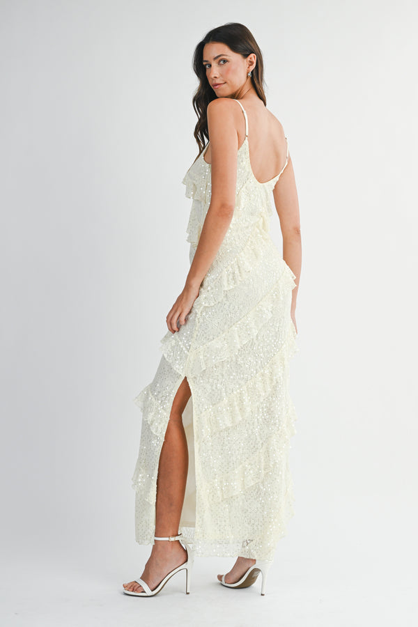 EMMY SEQUIN LACE ASYMMETRIC RUFFLE MAXI DRESS