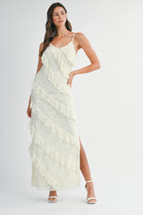 EMMY SEQUIN LACE ASYMMETRIC RUFFLE MAXI DRESS