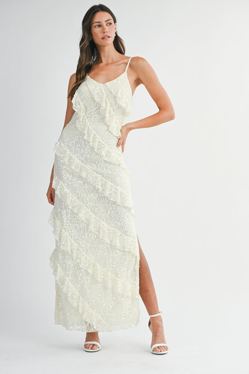EMMY SEQUIN LACE ASYMMETRIC RUFFLE MAXI DRESS