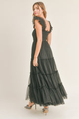 GIANA MESH RUFFLED SHOULDER MAXI DRESS