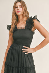 GIANA MESH RUFFLED SHOULDER MAXI DRESS