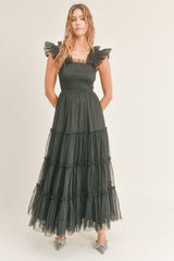 GIANA MESH RUFFLED SHOULDER MAXI DRESS
