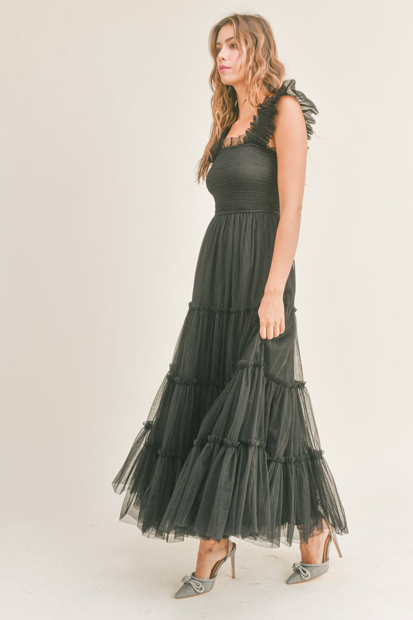 GIANA MESH RUFFLED SHOULDER MAXI DRESS