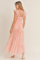 GIANA MESH RUFFLED SHOULDER MAXI DRESS