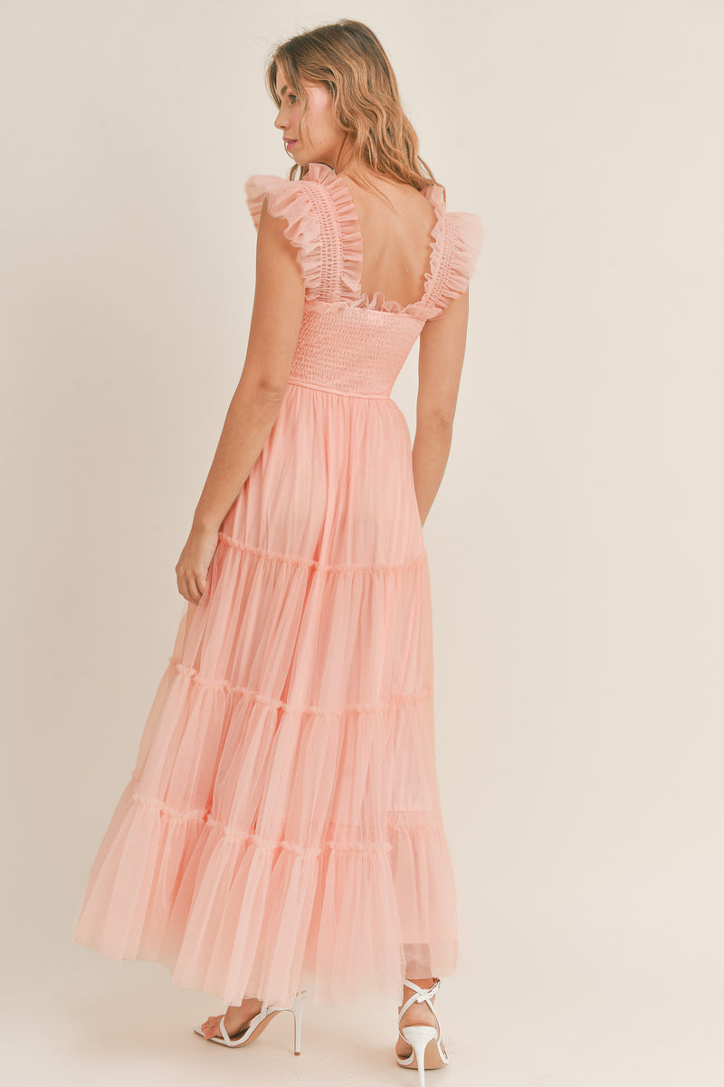 GIANA MESH RUFFLED SHOULDER MAXI DRESS