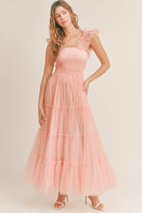 GIANA MESH RUFFLED SHOULDER MAXI DRESS