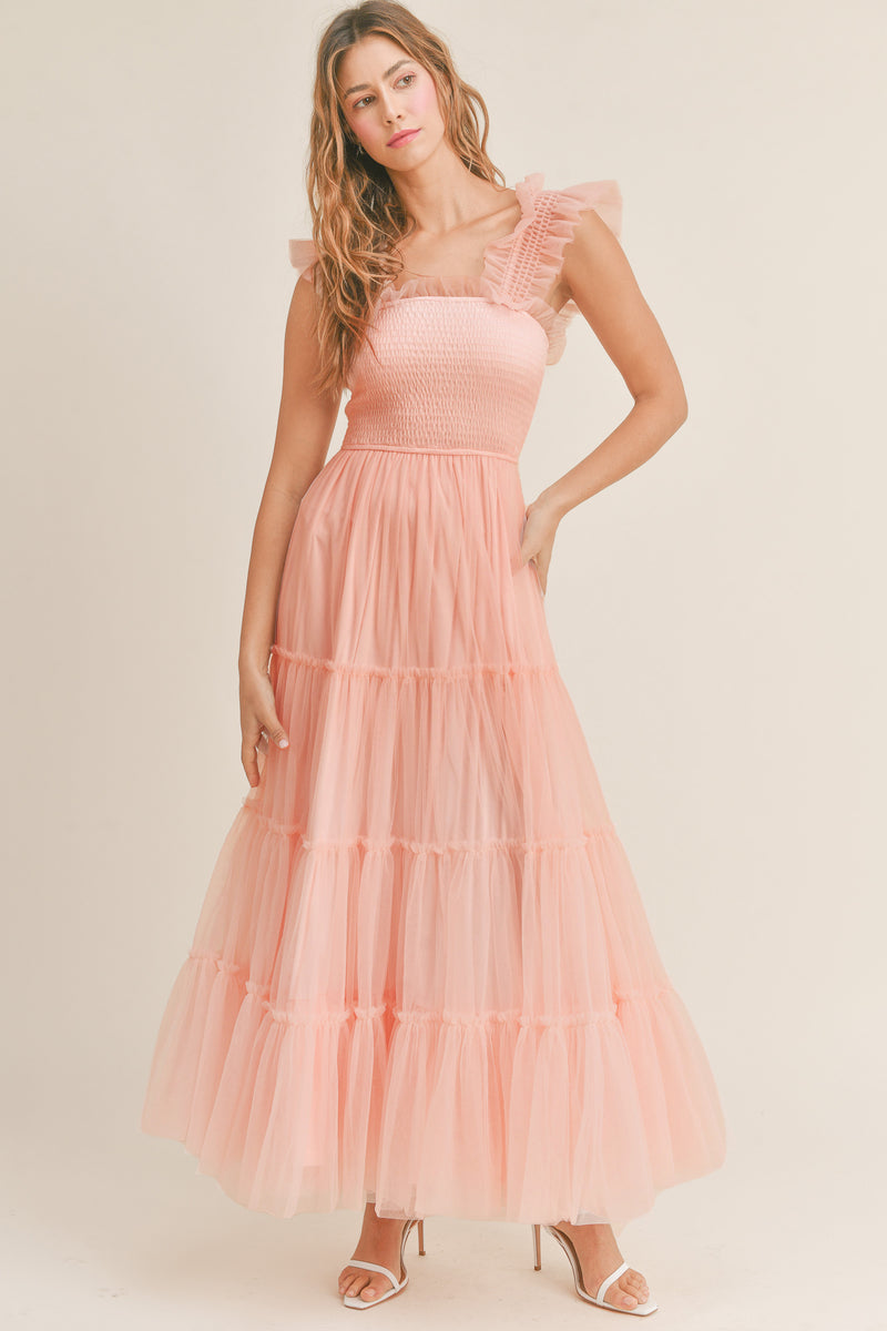 GIANA MESH RUFFLED SHOULDER MAXI DRESS
