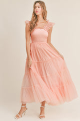 GIANA MESH RUFFLED SHOULDER MAXI DRESS