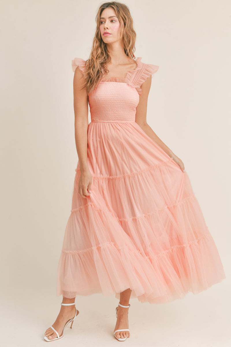 GIANA MESH RUFFLED SHOULDER MAXI DRESS