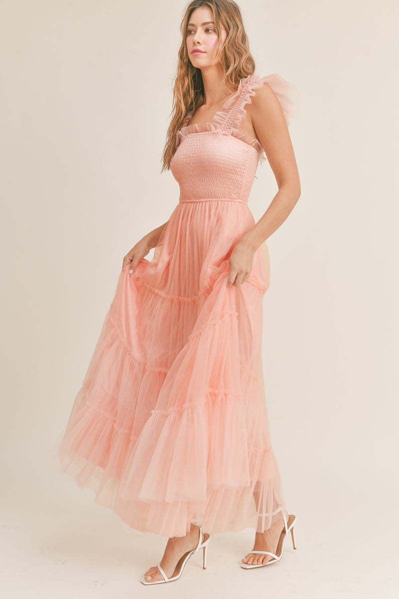 GIANA MESH RUFFLED SHOULDER MAXI DRESS