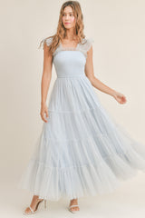 GIANA MESH RUFFLED SHOULDER MAXI DRESS