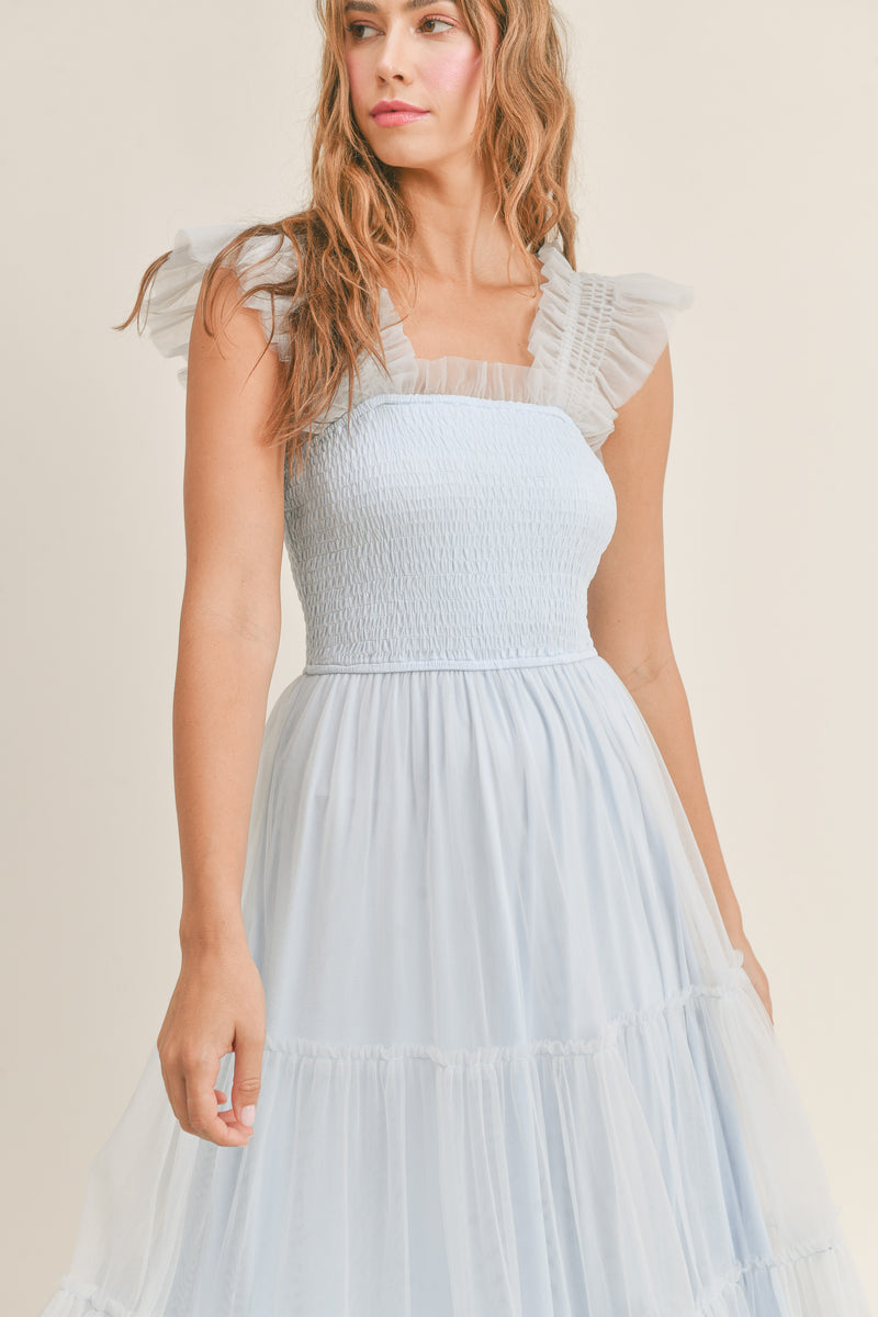 GIANA MESH RUFFLED SHOULDER MAXI DRESS