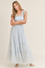 GIANA MESH RUFFLED SHOULDER MAXI DRESS