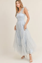 GIANA MESH RUFFLED SHOULDER MAXI DRESS