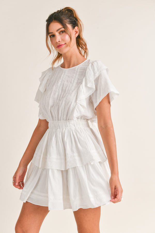 SLOANE LACE TRIM SHIRRED LAYERED DRESS