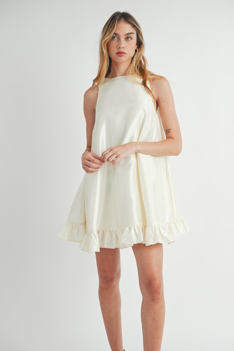 AUBRIELLA SLEEVELESS TAFFETA RUFFLE MINI DRESS