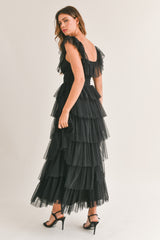 ABBY RUFFLE TIERED MAXI MESH DRESS