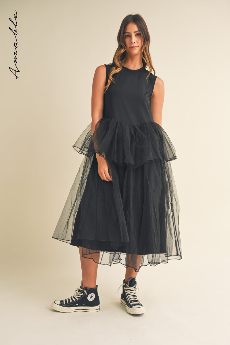 TALIA TULLE CONTRASTED MIDI DRESS