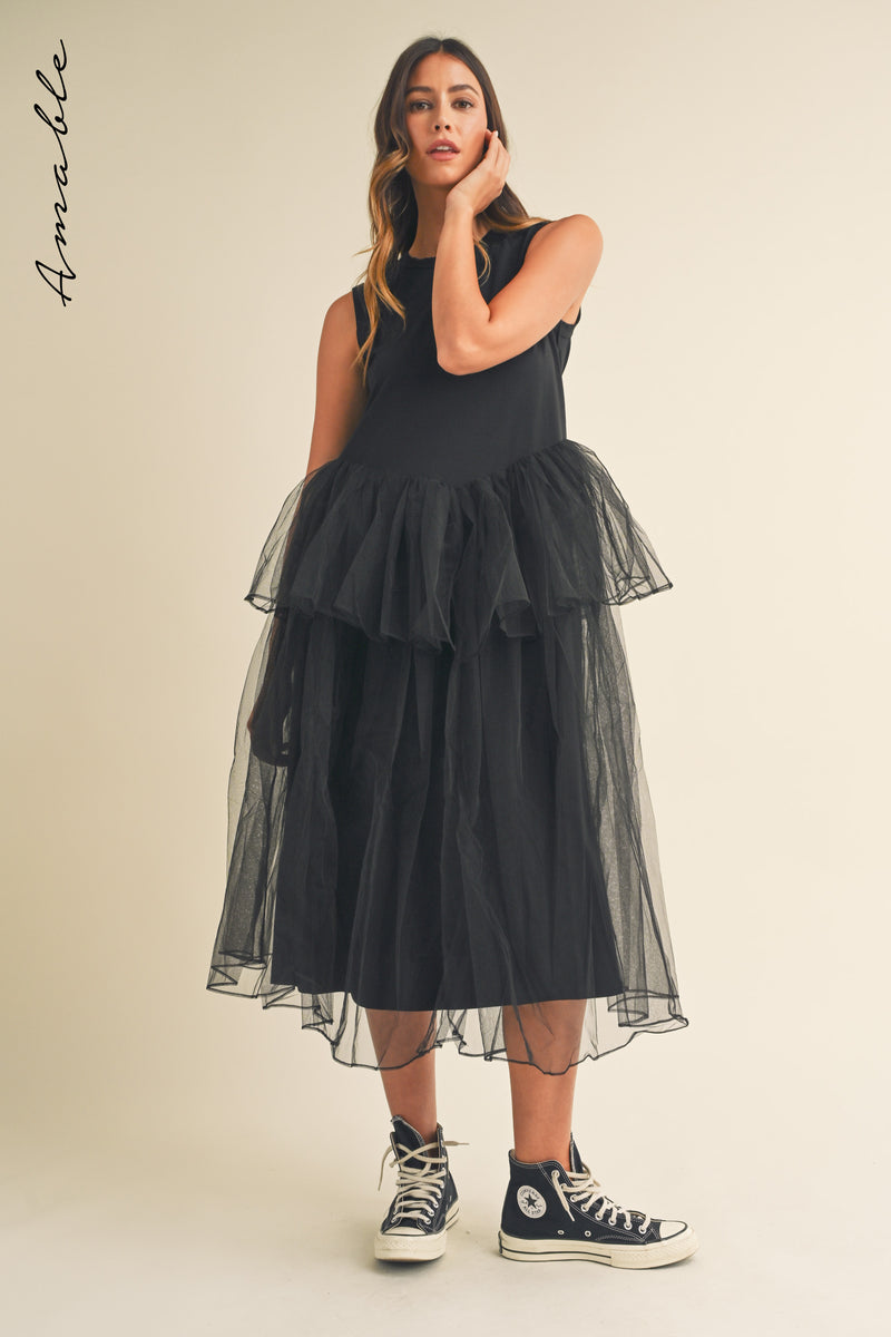 TALIA TULLE CONTRASTED MIDI DRESS